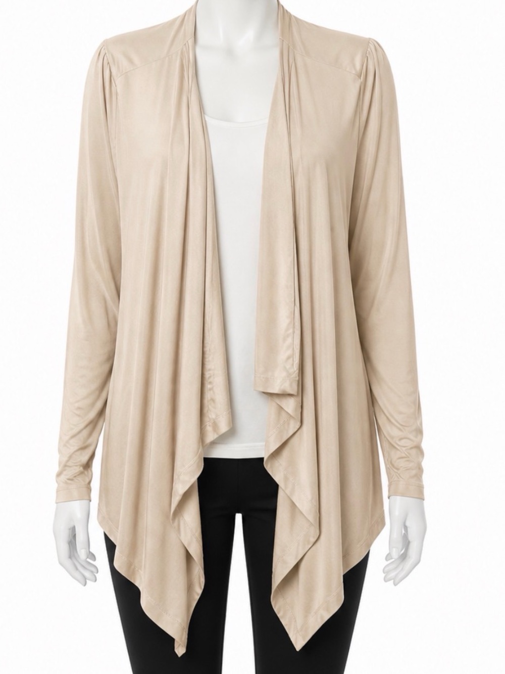Karen Kane Womens XL‎ Tan Draped Open Front Long Sleeve Cardigan Sweater